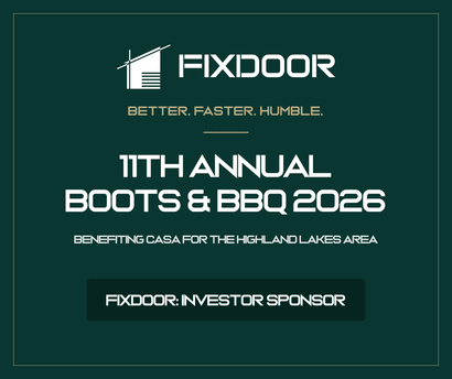 FixDoor investor sponsor card for the 11th Annual Boots & BBQ 2026 benefiting CASA for the Highland Lakes Area
